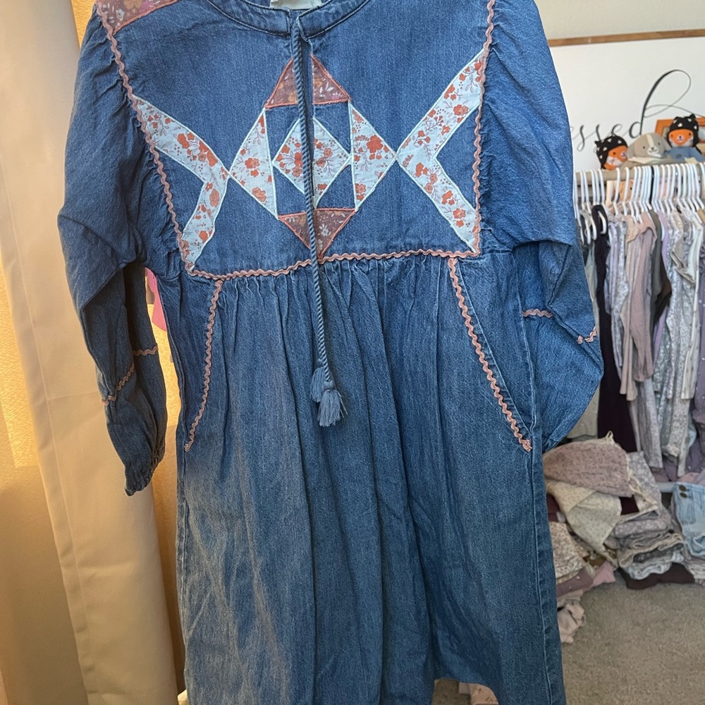 Louis Louise Girls' Denim Boho Dress with Floral Patchwork